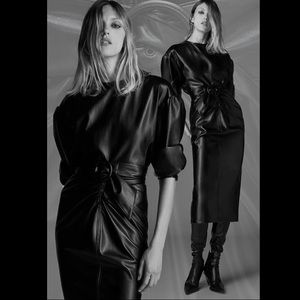Leather Draped Belted Ruching Midi Dress